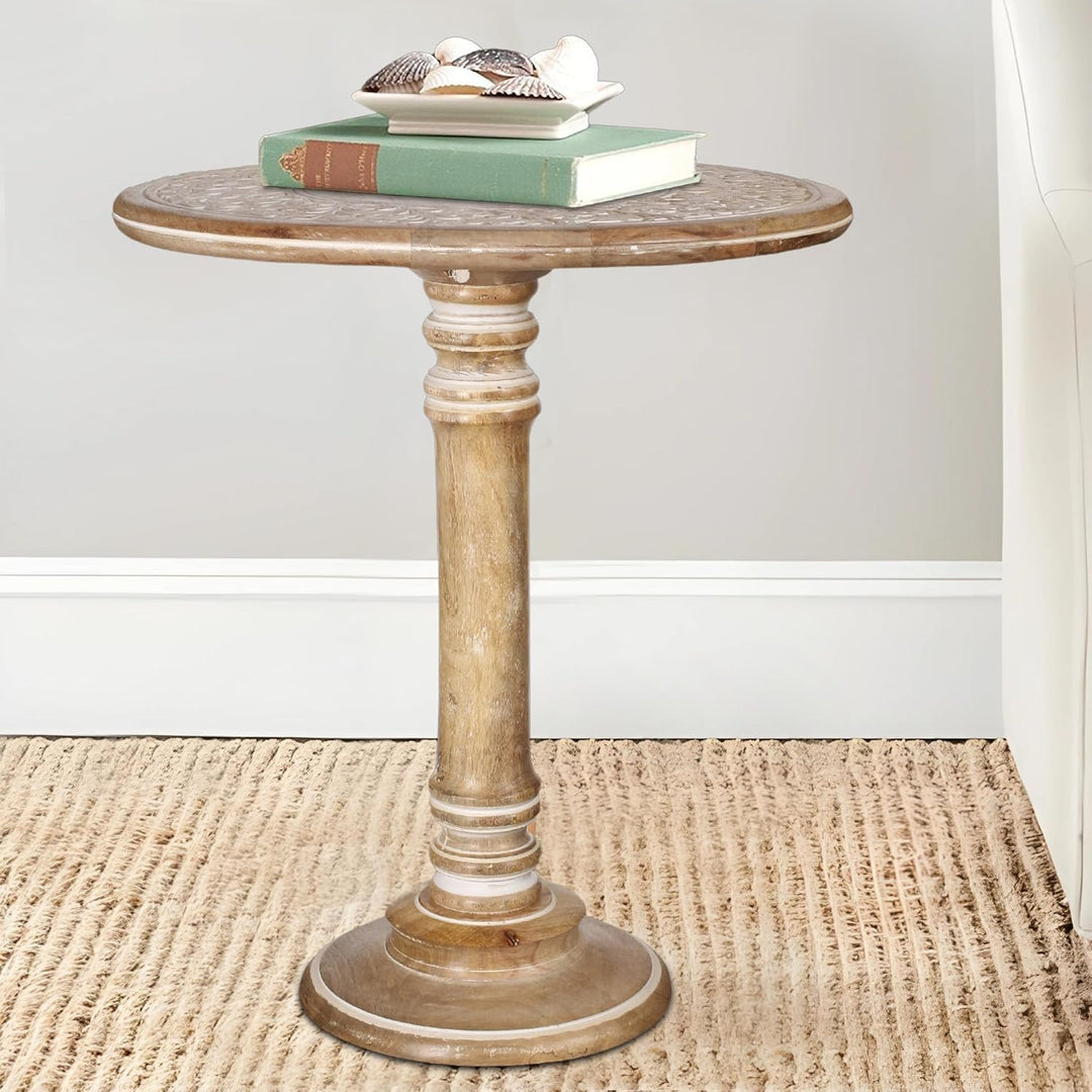 Wooden Pillar Round End Table, Modern Round Wooden Coffee Table