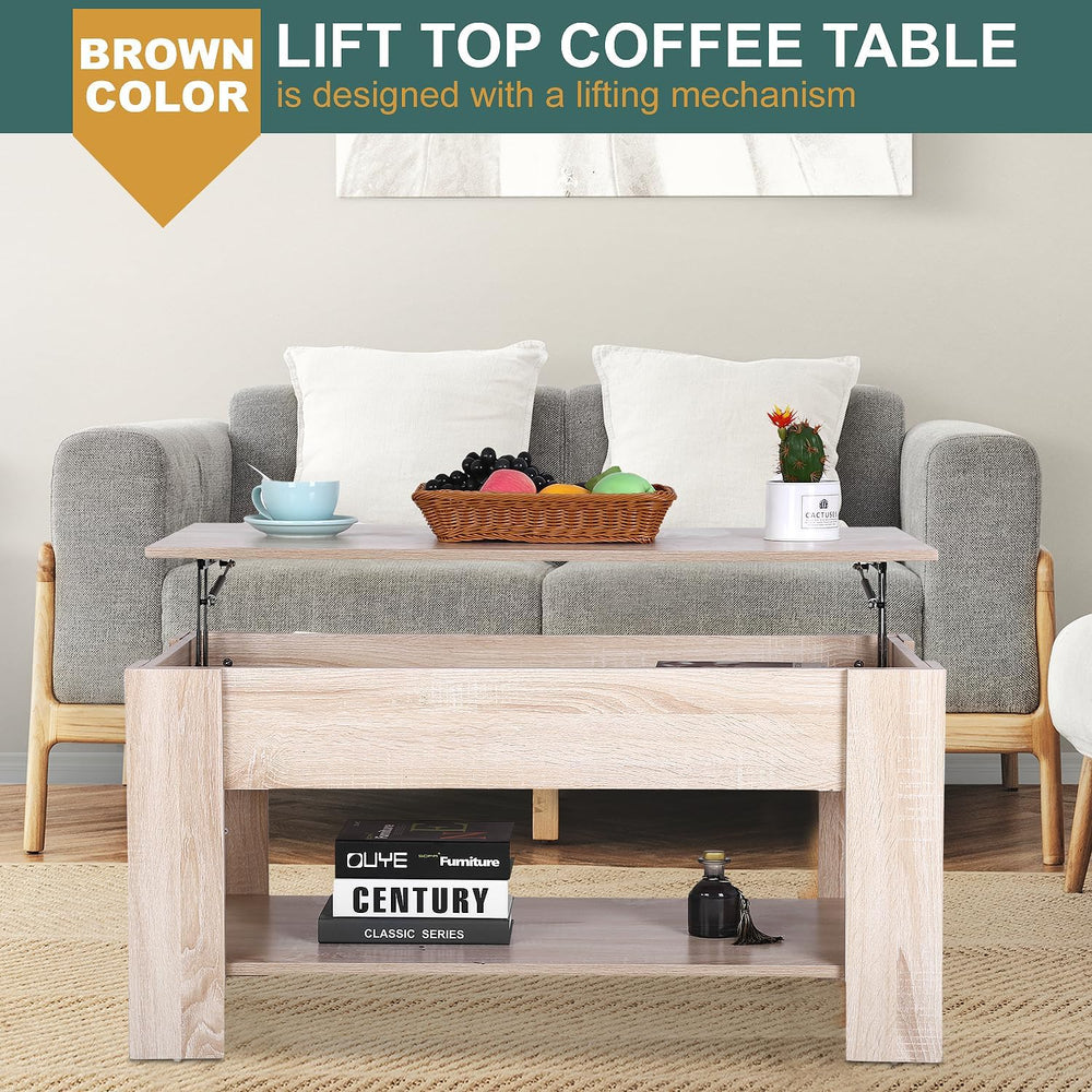 Lift Top Coffee Table with Hidden Storage, Wooden Dining Table, Natural