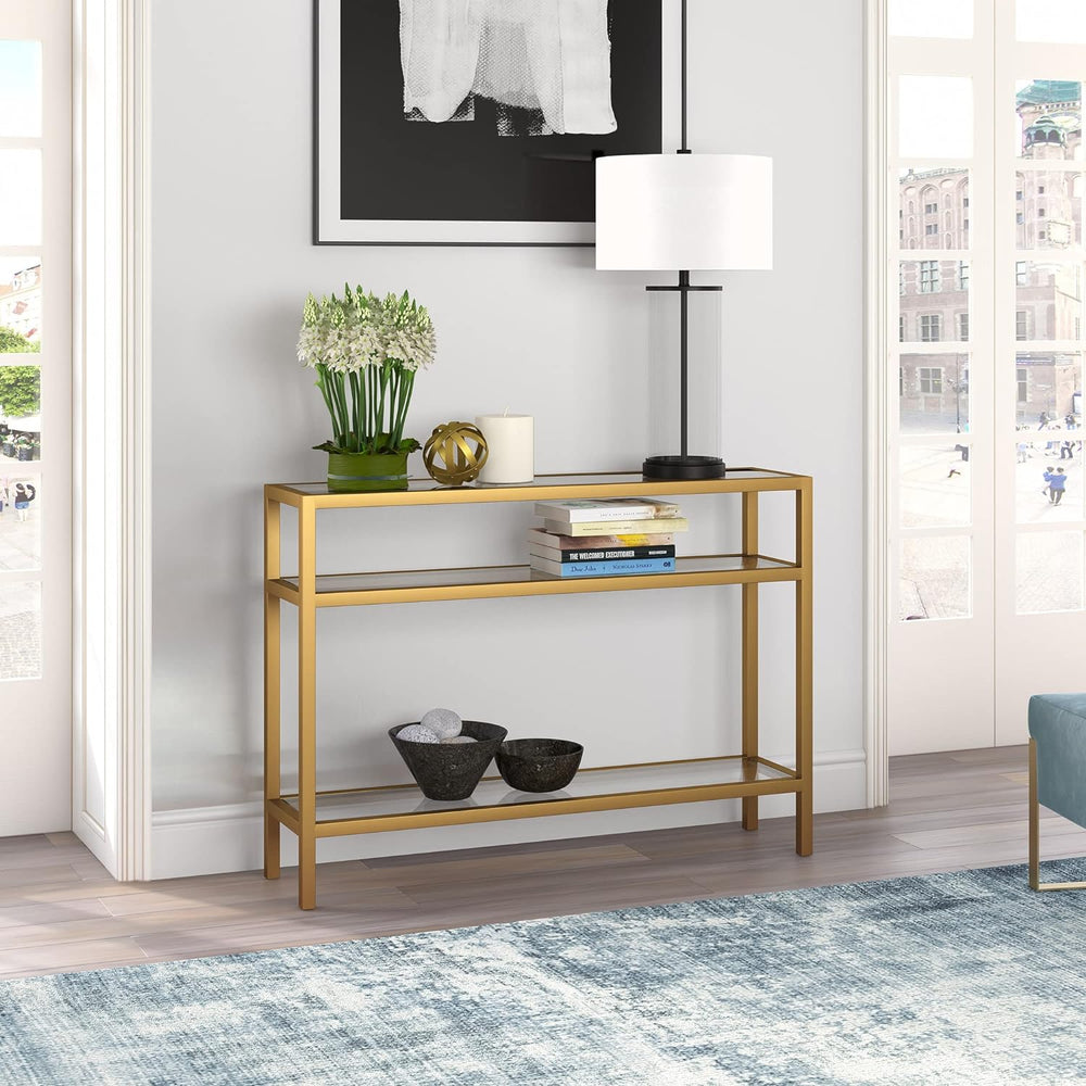 Rectangular Console Table, Brass Finish, Entryway Accent