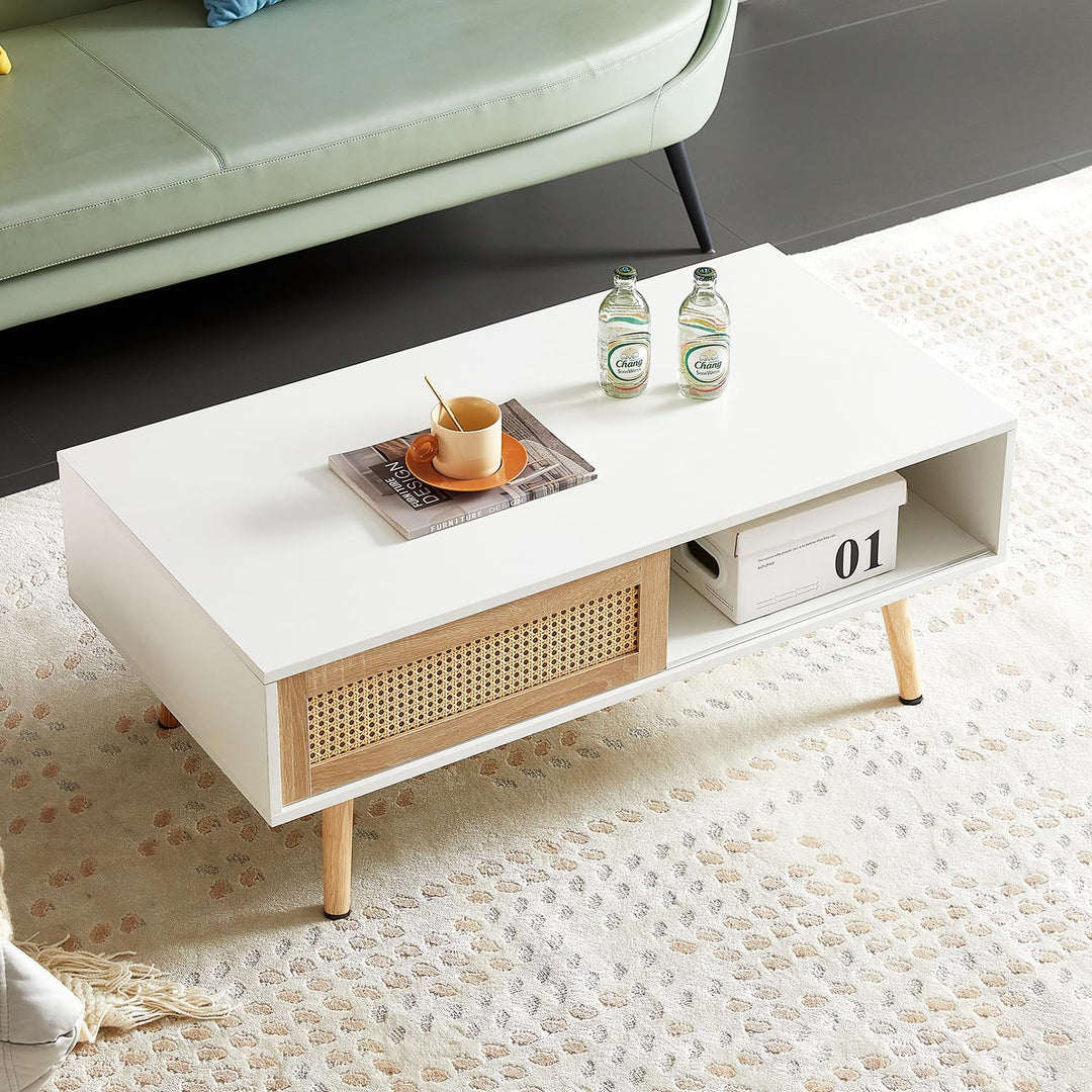 Mid Century Modern Coffee Table with Storage, Wooden Accent Center Sofa Table, White Natural Color