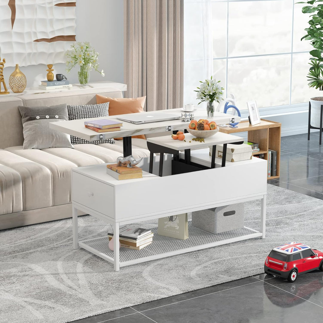 Lift Top Coffee Table with Storage Drawers and Hidden Compartment, Faux Marble White