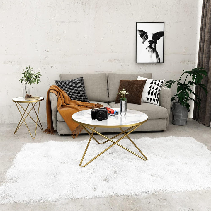 Elegant Round Coffee Table with White Marble-Look Top