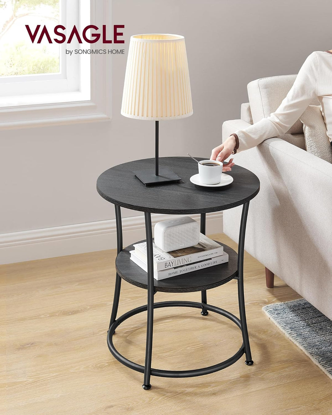 Round End Table 2 Shelves Steel Frame Charcoal