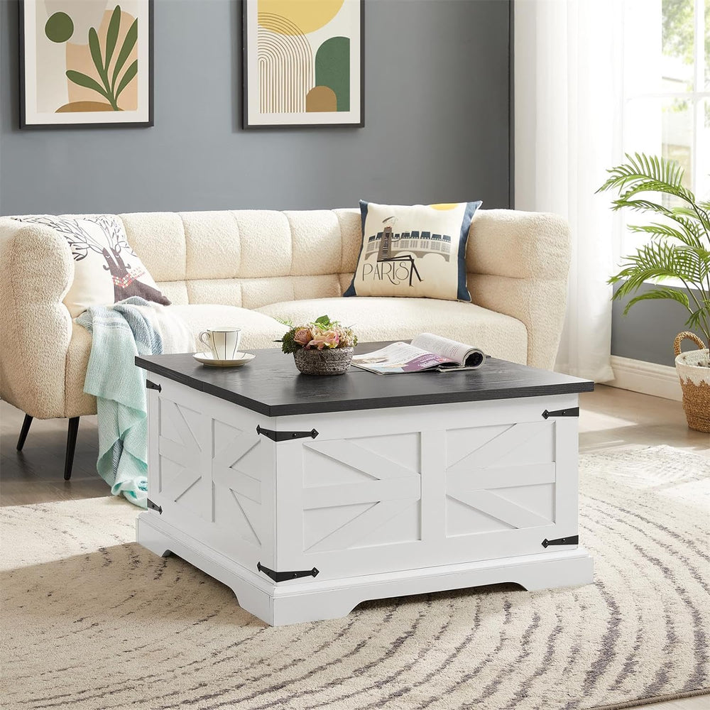 Coffee Table with Storage, Farmhouse Inspired Large Square Wood, White