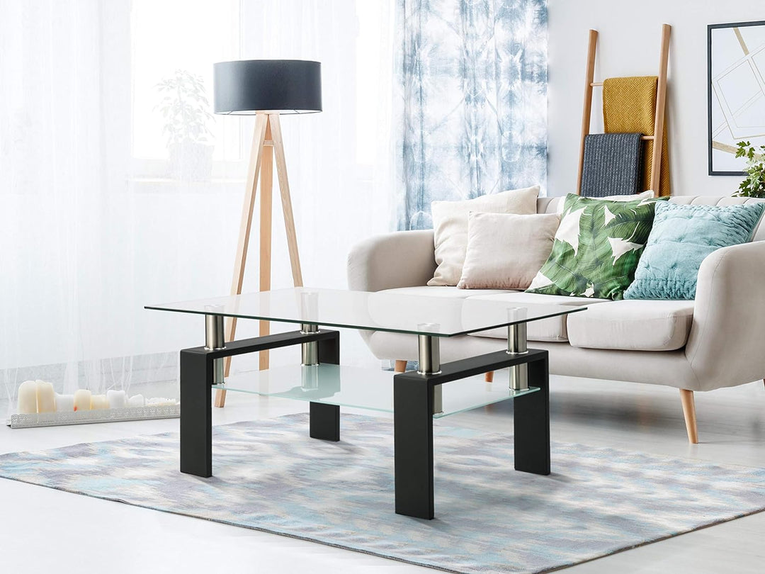 Stylish Black Glass Coffee Table, Clear Modern Side Tables