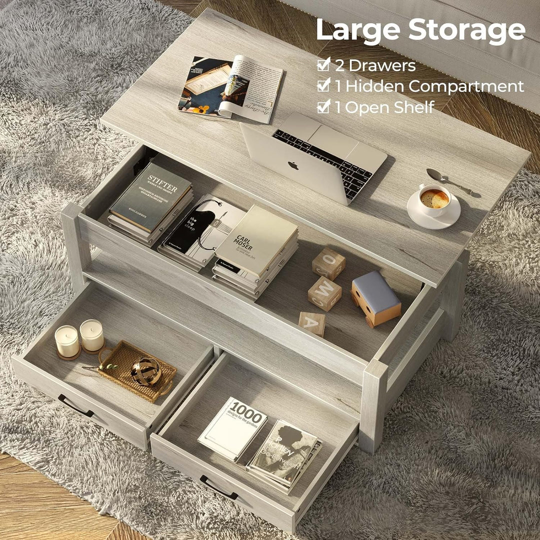 Lift Top Coffee Table with Drawers and Hidden Compartment, Grey