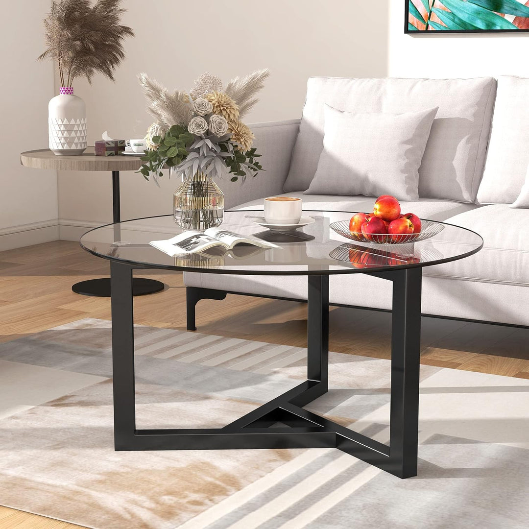 Modern Round Glass Coffee Table with Blackwood Base