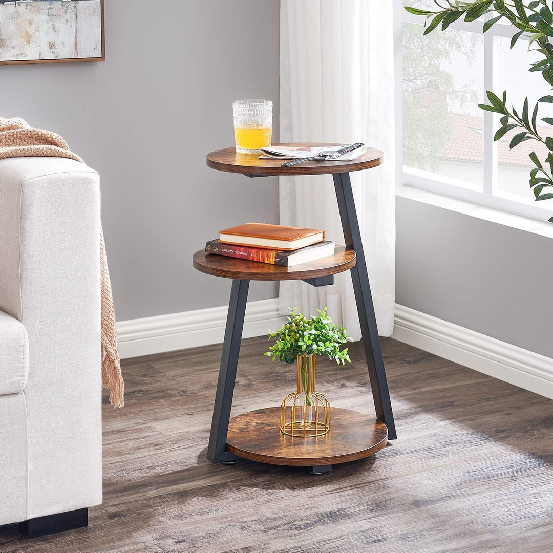 Round End Table 3-Tier Shelves Rustic Brown