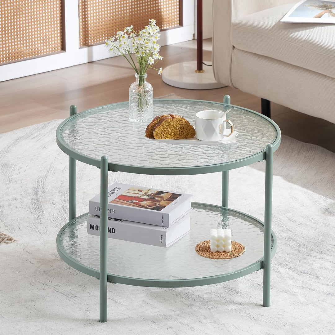 Stylish 2-Tier Round Coffee Table, Water-Wave Glass, Green