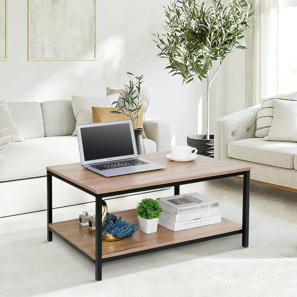 Super Deal 2-Tier Industrial Coffee Table with Storage Shelf, Light Brown