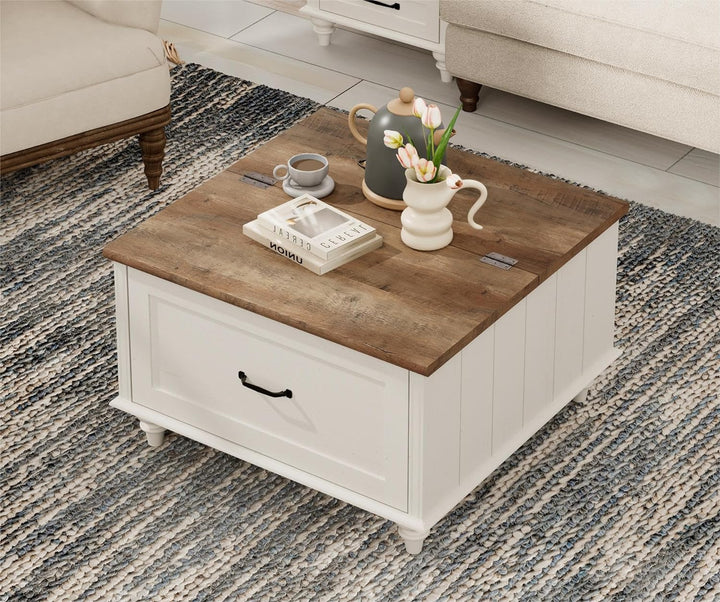 Farmhouse Coffee Table with Storage, Square Lift Top Center Table, White