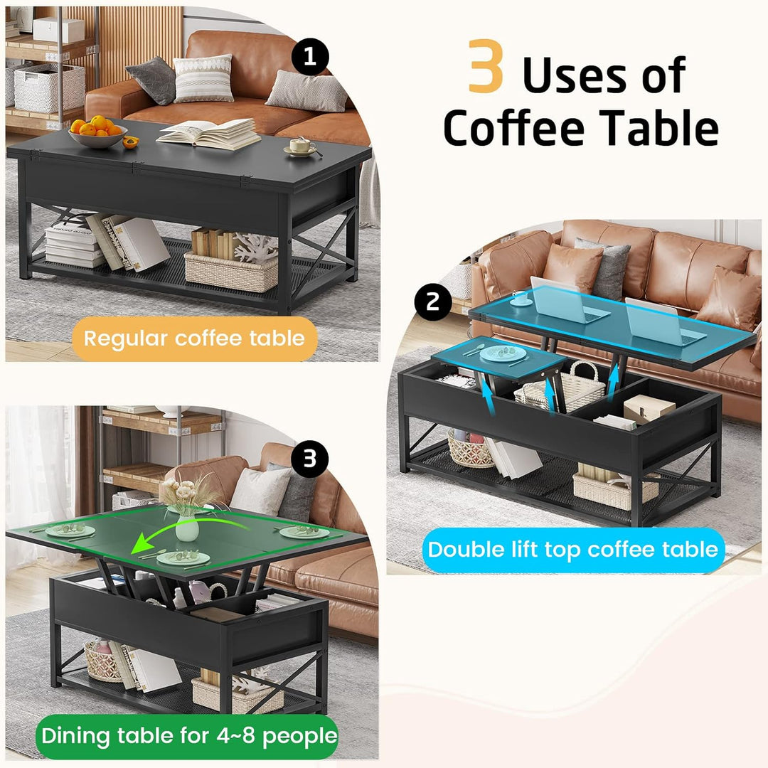 Lift Top Coffee Table with Storage, 3-in-1 Multi-Function, Black