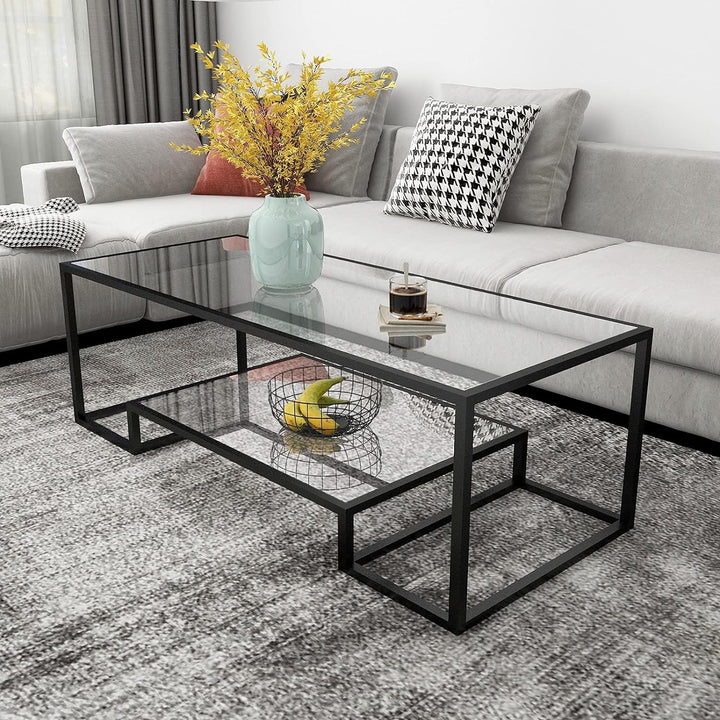 Metal Glass Coffee Table, Black Accent