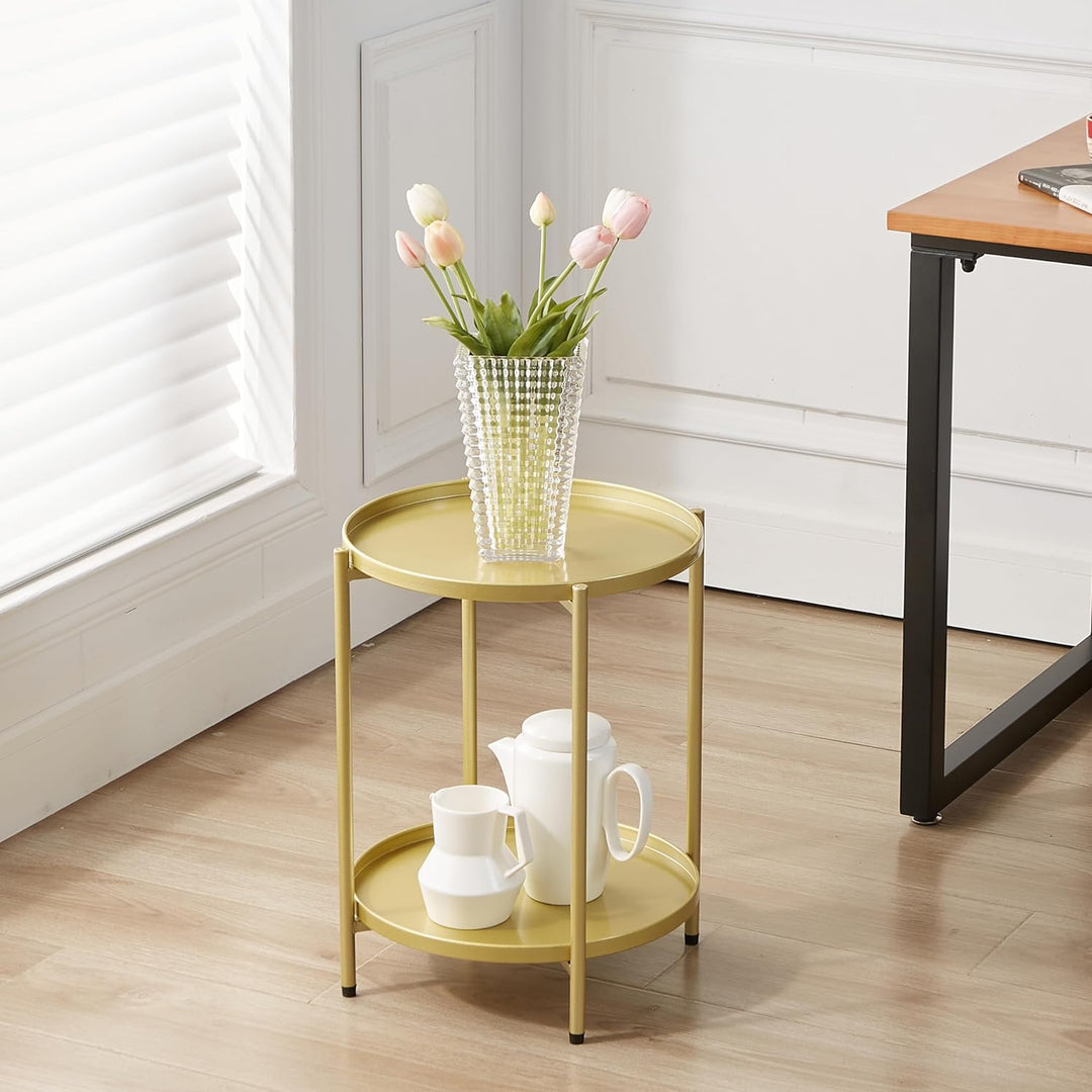 2 Tier Round Metal Side Table, Folding End Tables (Gold)