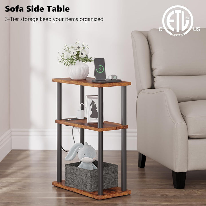 Small Side Table w/ Charging Station, 3 Tier Bedside