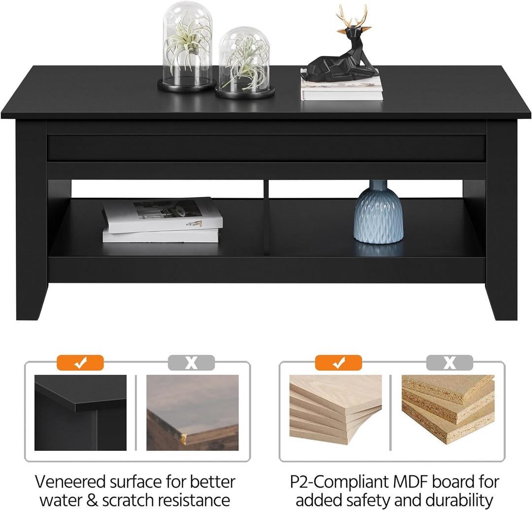 Lift Top Coffee Table with Hidden Storage and Open Shelf, Black