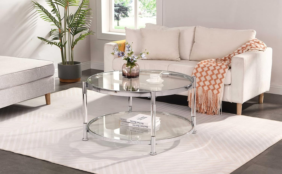 Tempered Glass Round Coffee Table, Modern Acrylic Legs