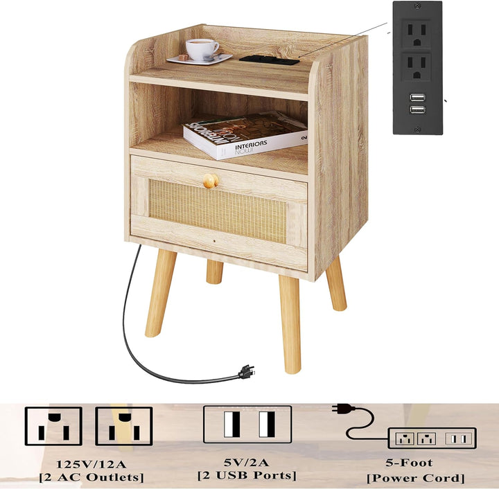 Nightstand Set of 2 with Charging Station & Drawer