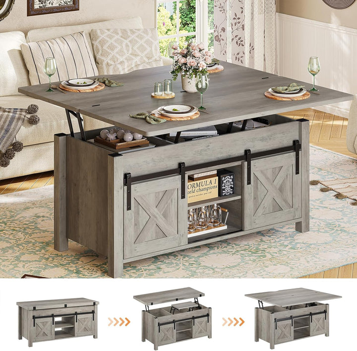 Lift Top Coffee Table, Convertible 4-in-1 Farmhouse, Grey