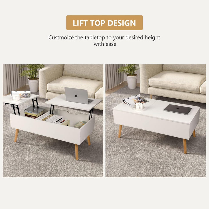 VOWNER Coffee Table with Lift Top, Hidden Storage, White