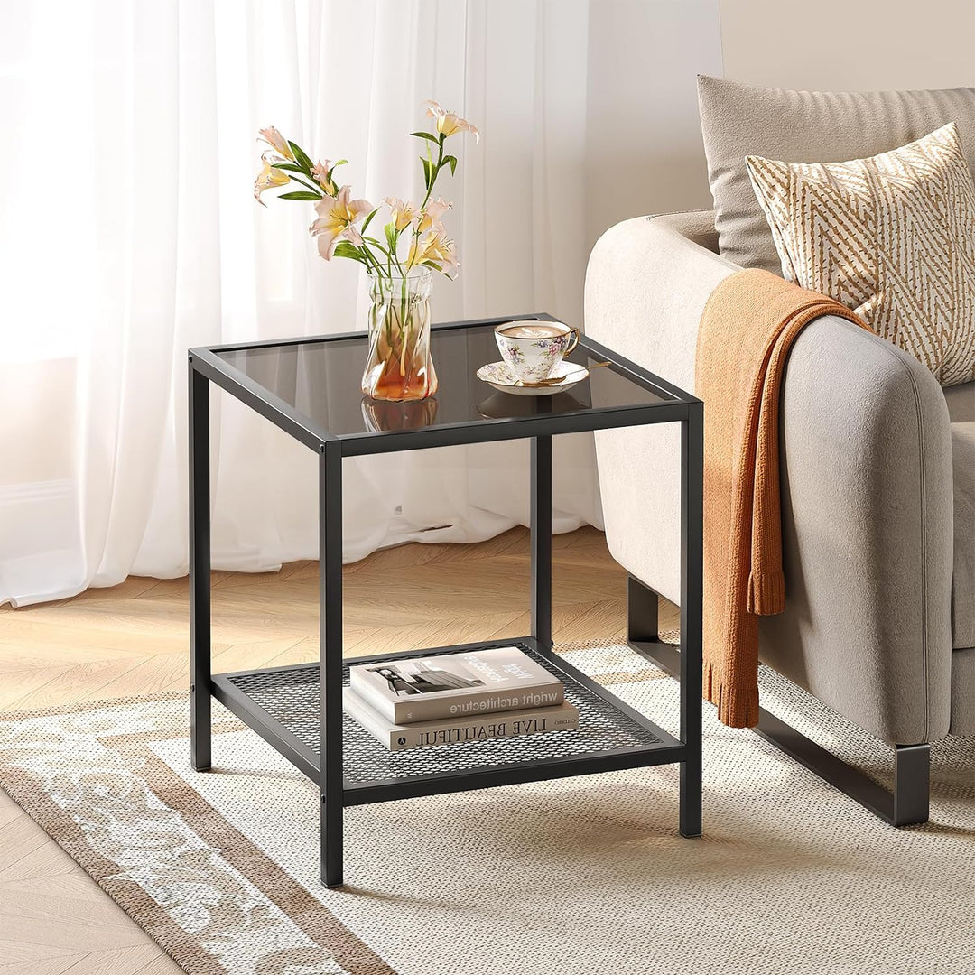 Sleek Black Glass End Table, 2-Tier Narrow Bedside Table, Living Room