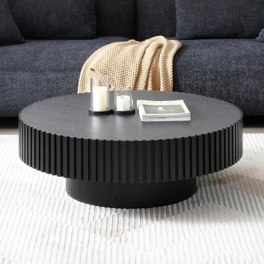 Handcrafted Modern Wood Nesting Coffee Table, Fluted Drum, 31.49" Black