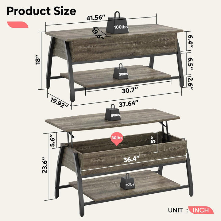 Lift Top Coffee Table with Storage, 42-Inch Industrial Mesh Shelves, Wooden Oval Center Table, Gray