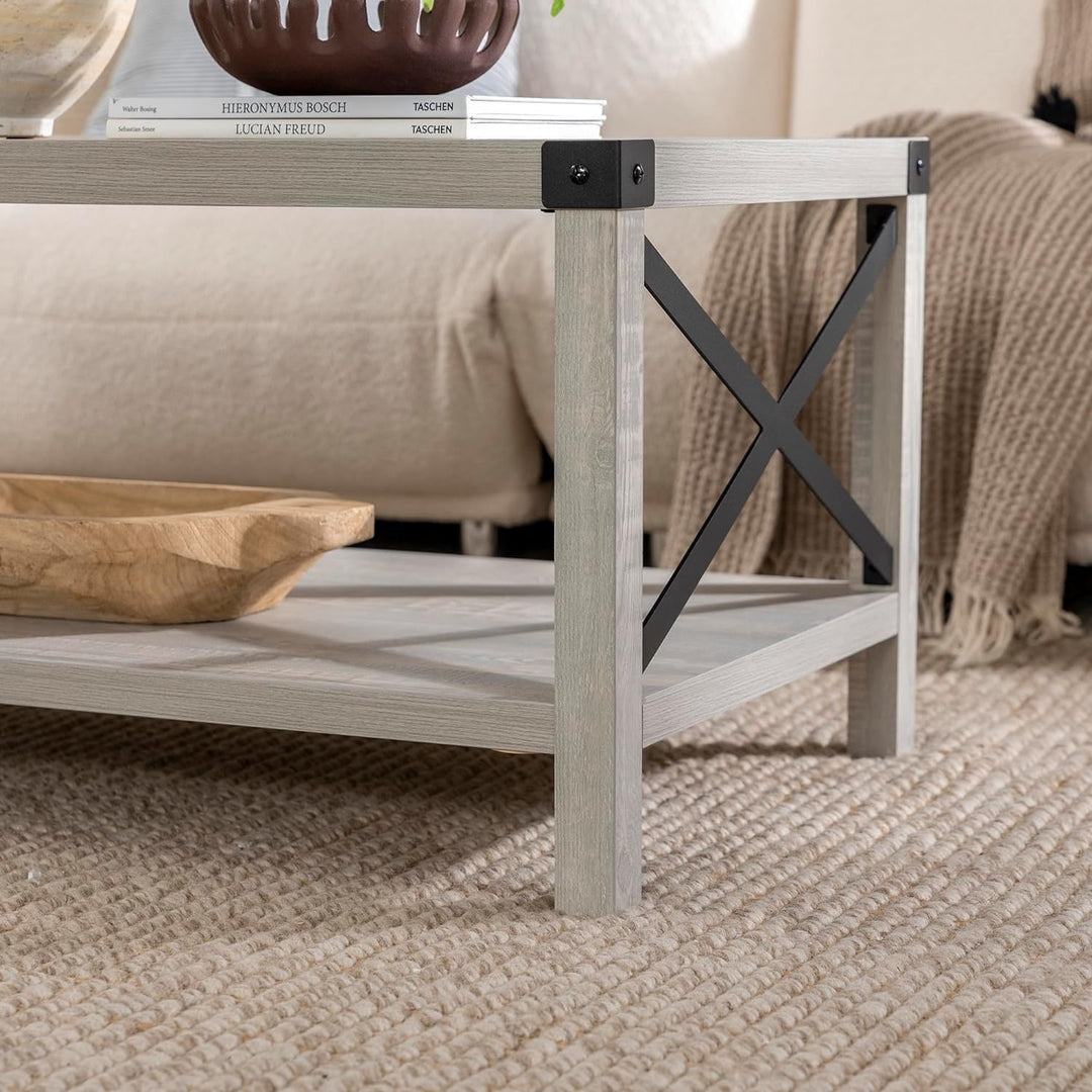 Sedalia Modern Farmhouse Metal X Coffee Table, Stone Grey