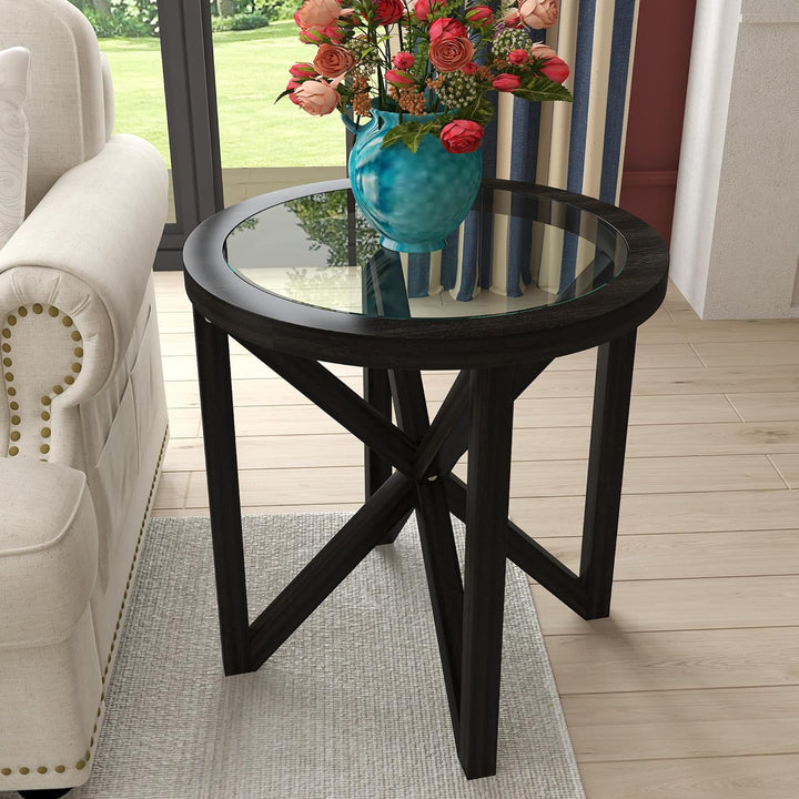 Stylish Mid-Century Round Glass End Table, C-round Glass End Table-black