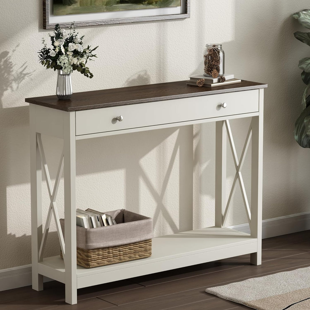 Oxford Design Farmhouse Console Table, Antique White & Brown