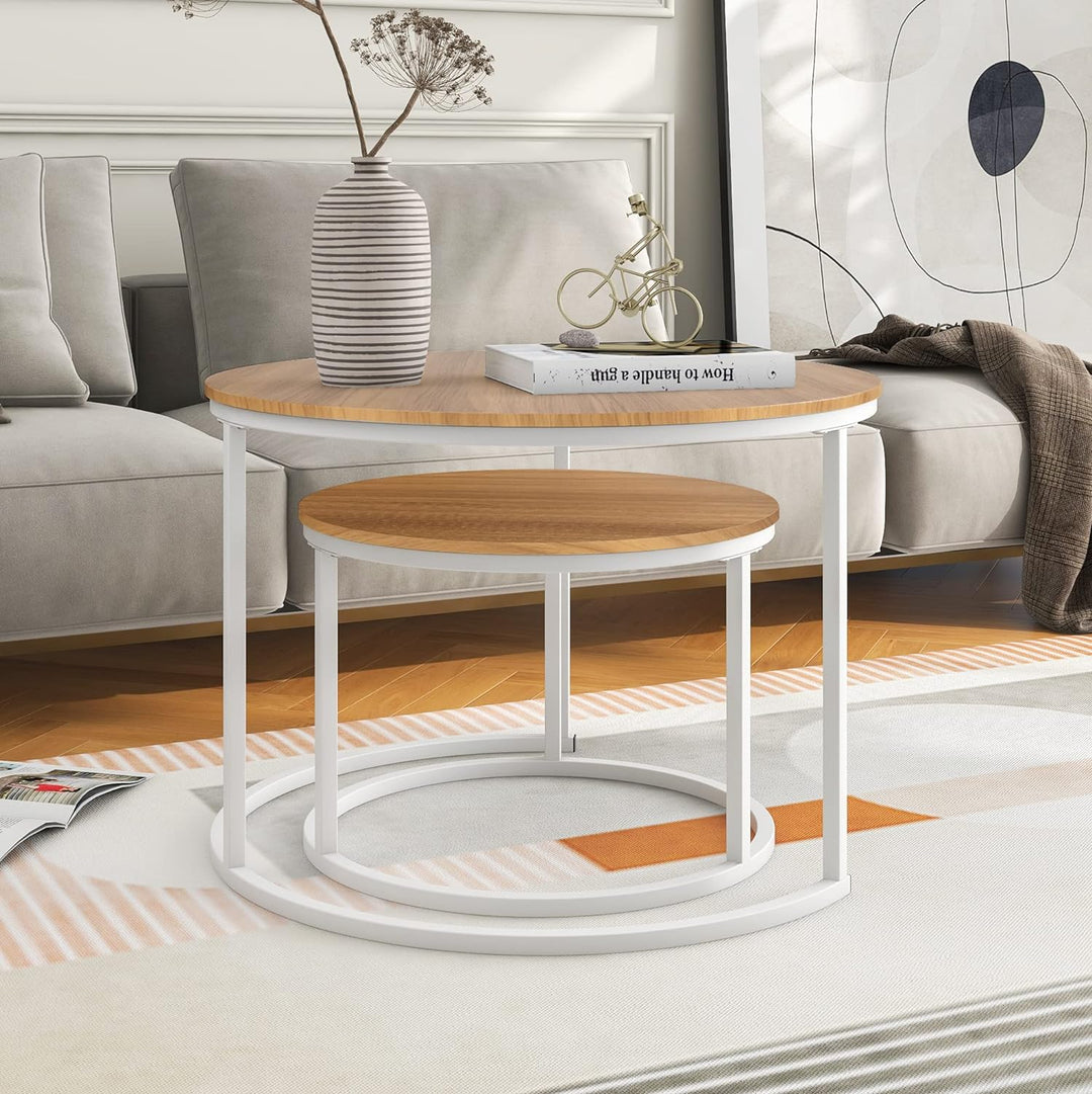 Rustic Round Nesting Coffee Tables, Stacking Side Tables - White