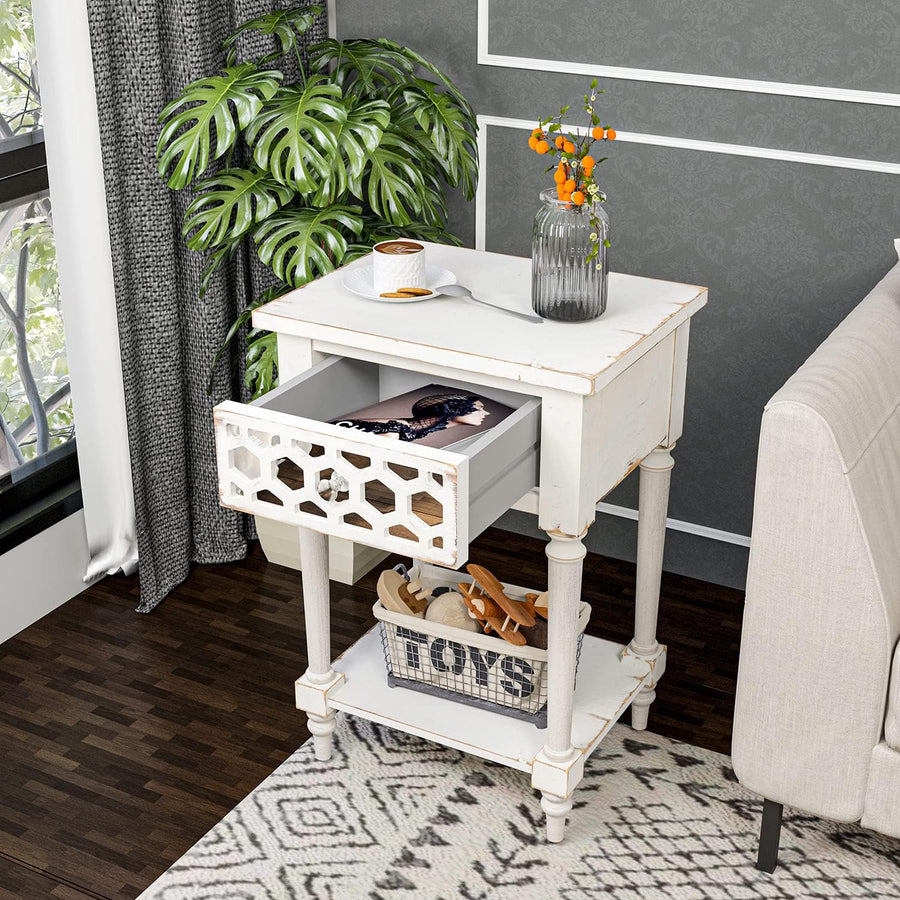 End Table w Drawer & Shlef, White Small Nightstand