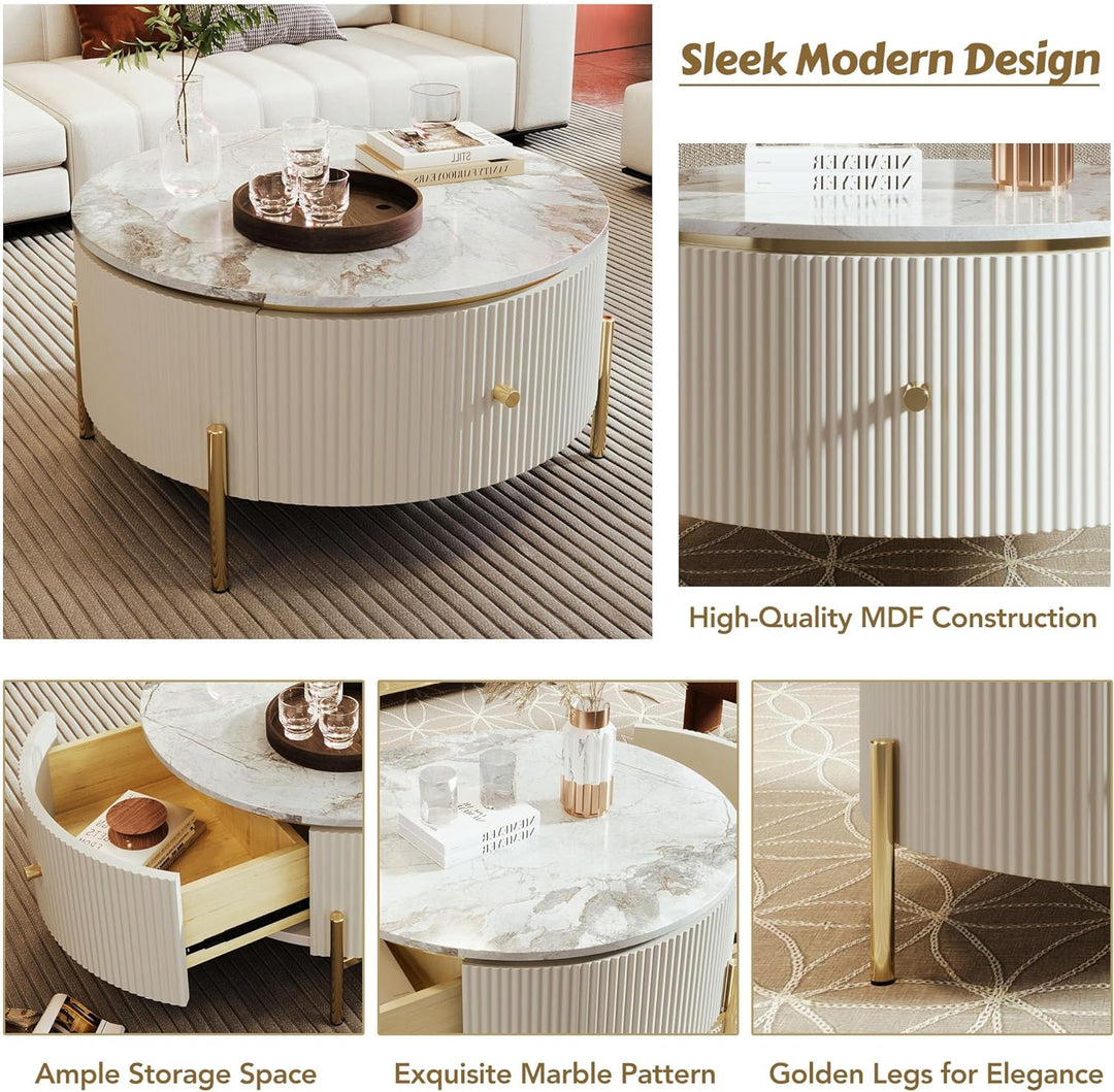 Modern Round Coffee Table with Drawers, Circular Center Table, Off White