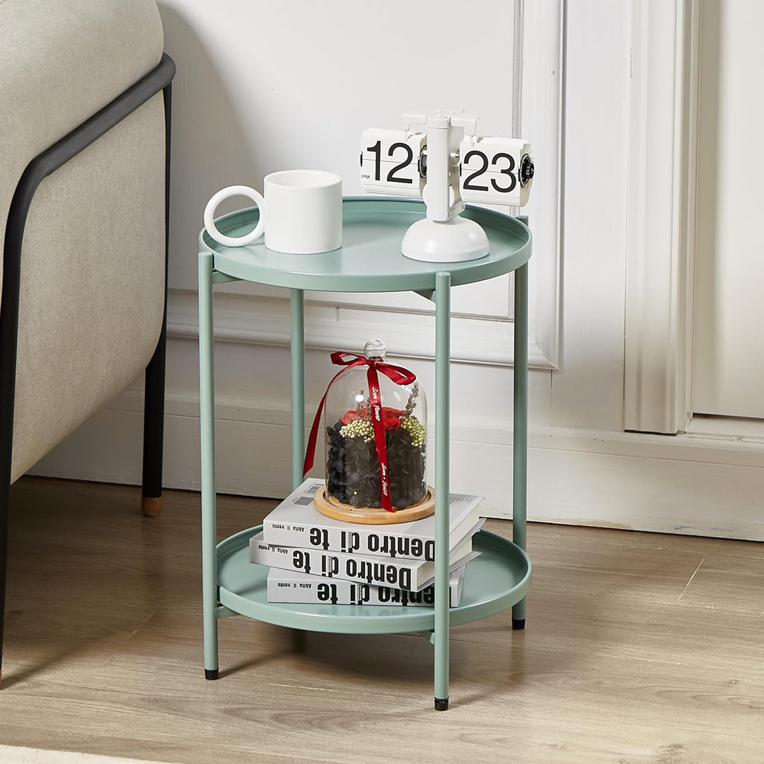 2 Tier Round Metal Side Table, Folding End Tables