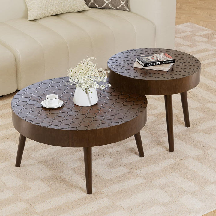 Stylish Round Nesting Coffee Table Set, Honeycomb Pattern, Wood Grain