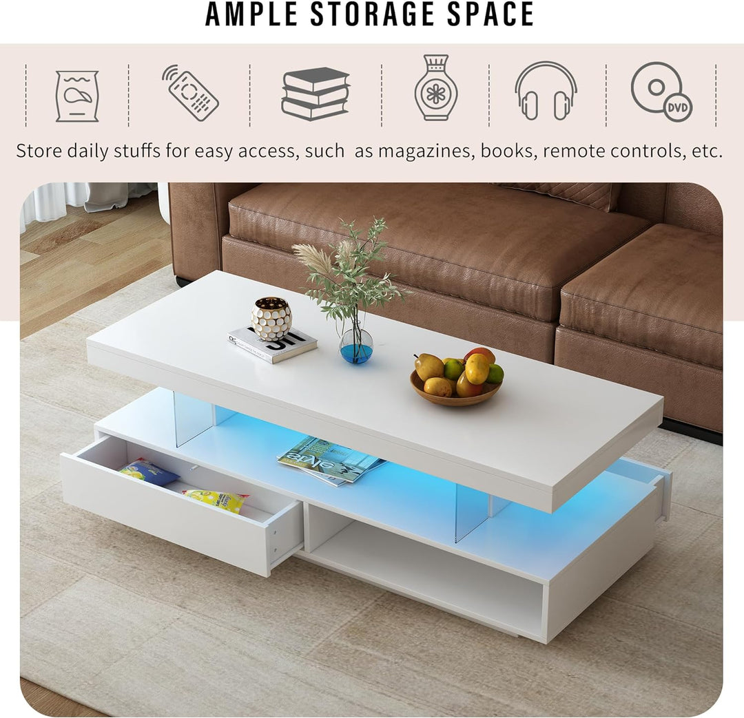 High Gloss Coffee Table with Storage, LED Lights, White