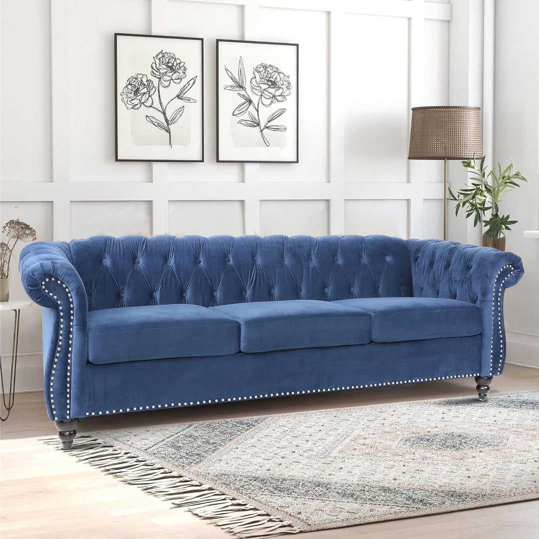 Chesterfield Sofa, Modern Velvet Tufted Couch 3 Seater (Blue)