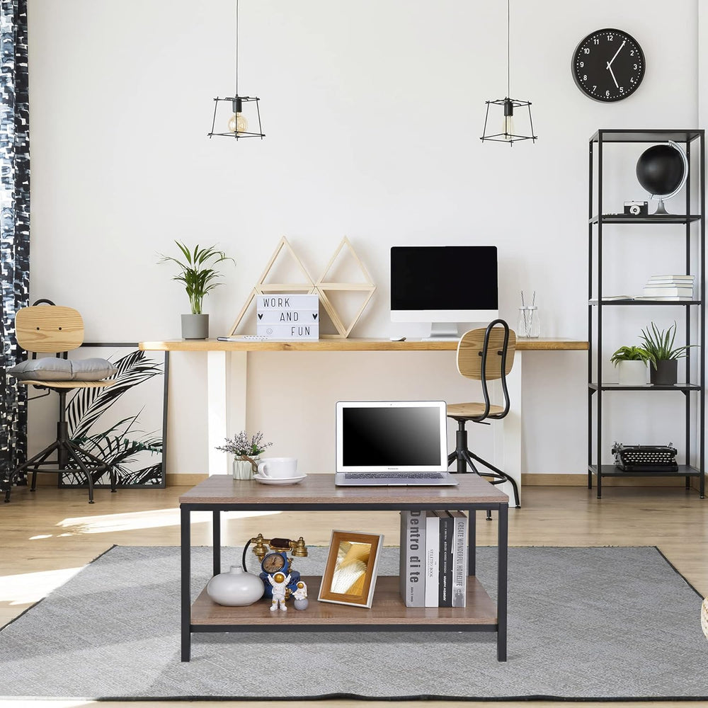 Rustic Industrial Coffee Table with Storage Shelf, Natural