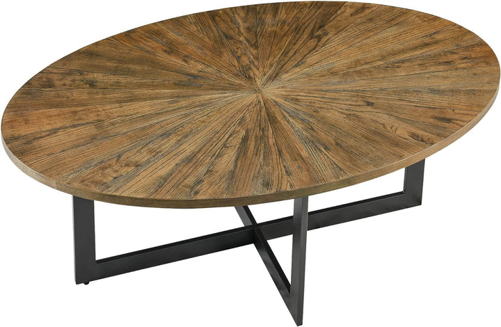 Rustic Oval Coffee Table with Cross Metal Legs, Solid Wood