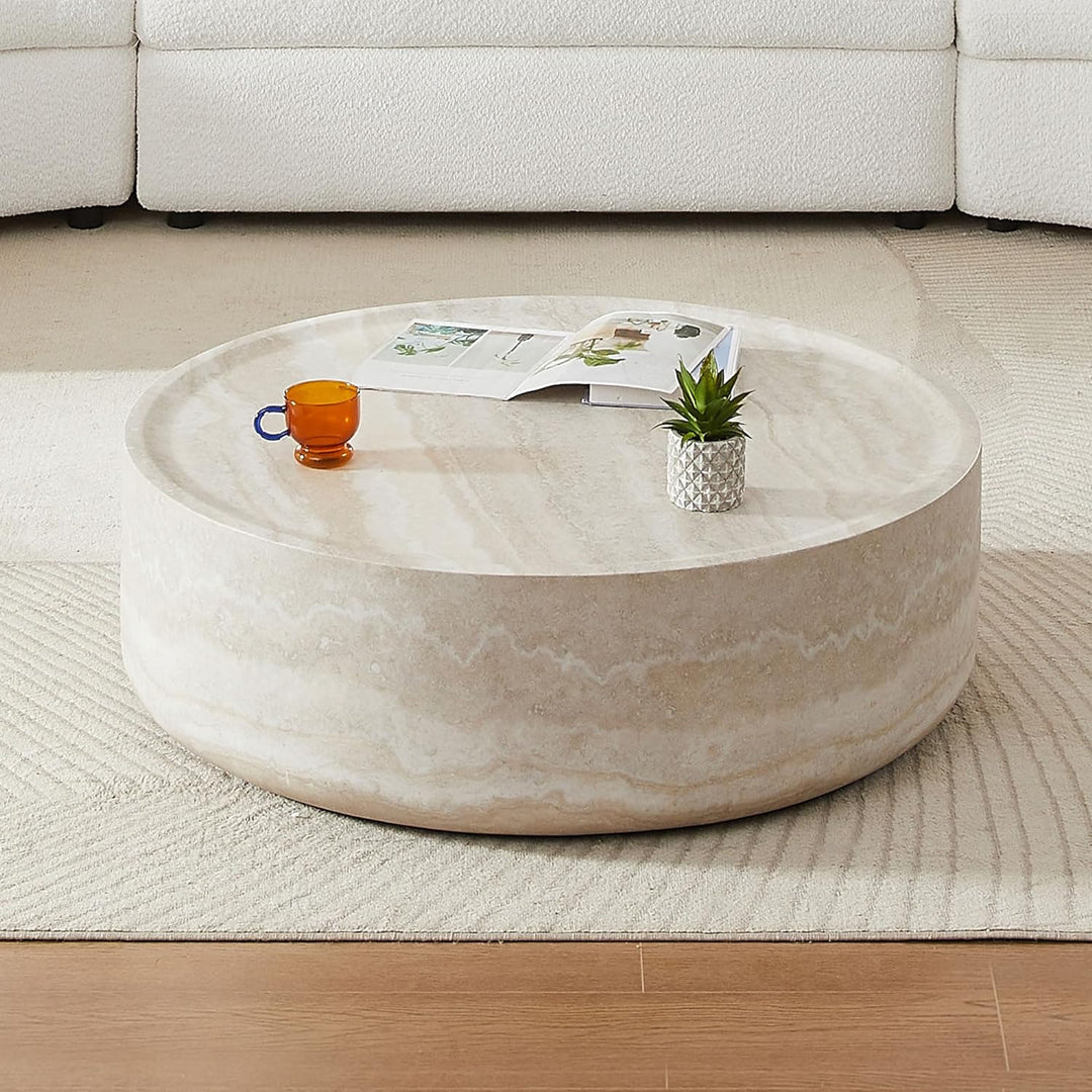 Round Coffee Table for Living Room, Modern Drum Center Table, 31.49"-Wash White