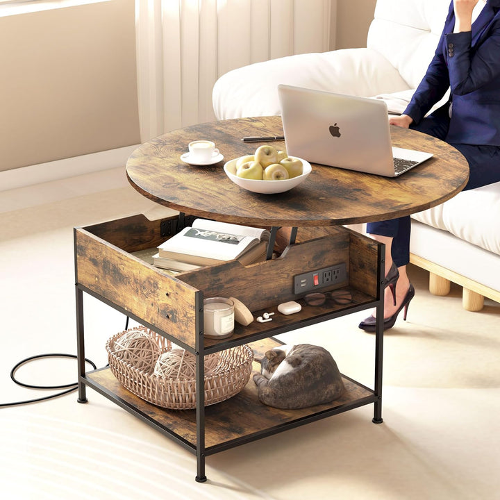 Modern Round Lift Top Coffee Table with Storage, Rustic Brown