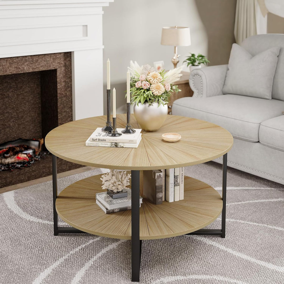 Round Wood Coffee Table with Storage Open Shelf, Light Brown