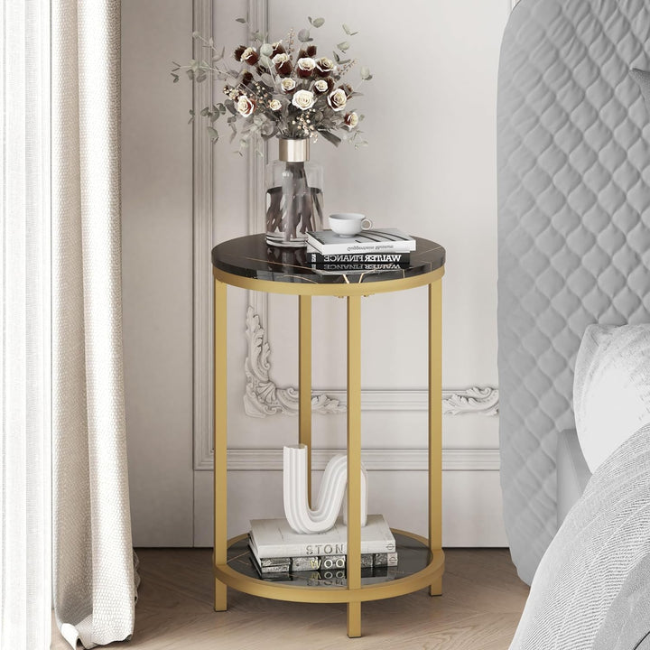 Round Side Table, Modern Nightstand End Table with Gold Metal Frame &Faux Marble Top