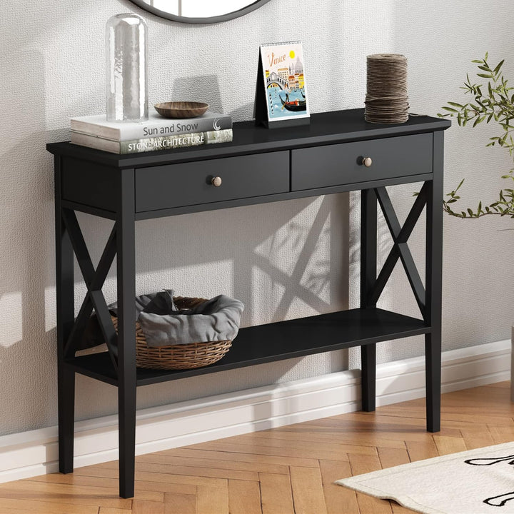 Console Table with Drawers, Narrow Wood Accent