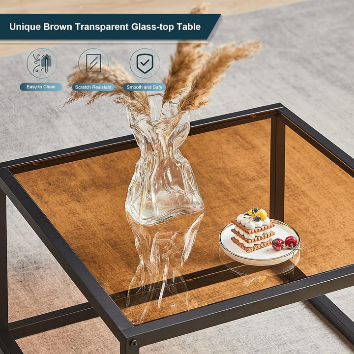 Glass Coffee Table, Modern Square Center Table, Tempered Glass Top, Brown