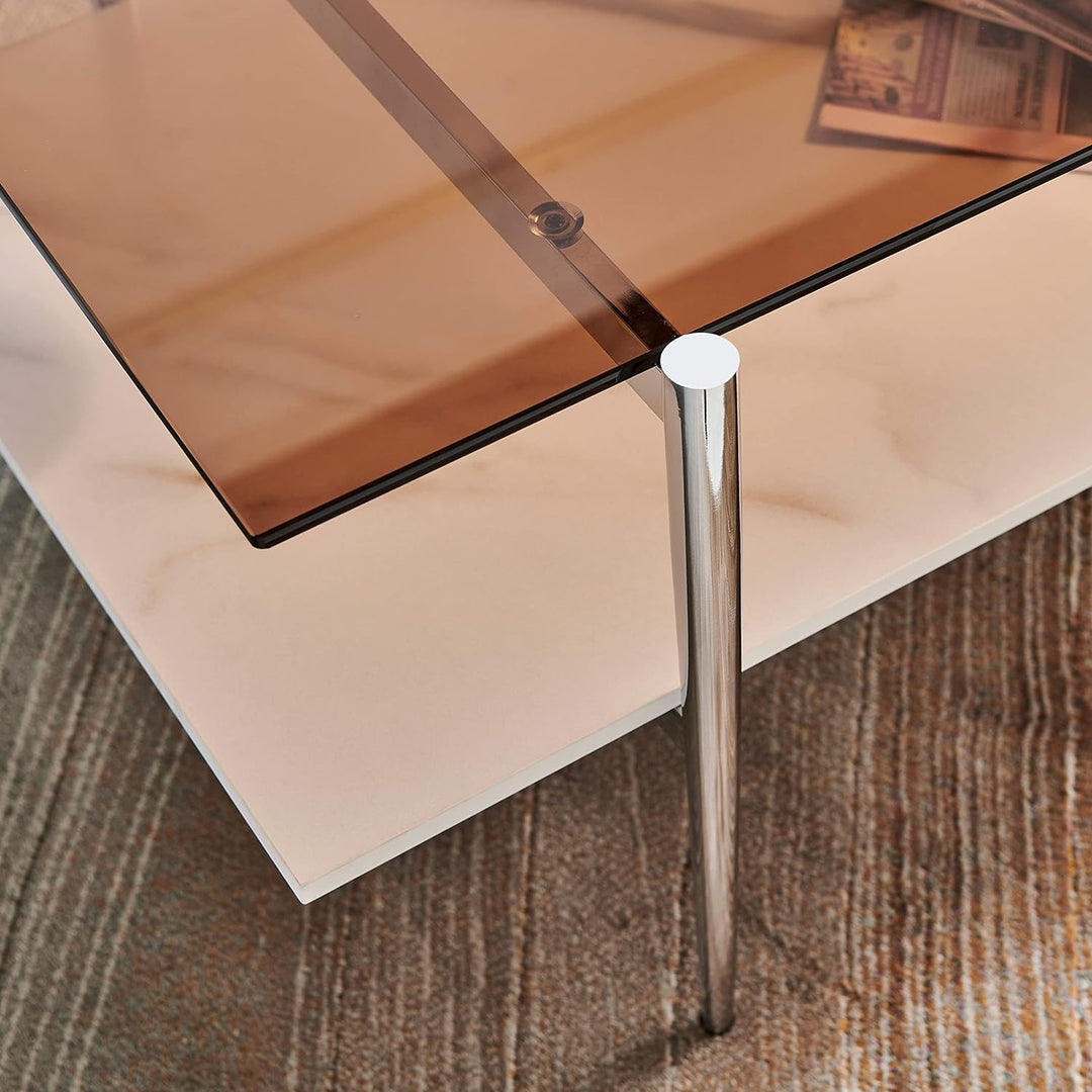 Elegant Glass Coffee Table with Chrome Frame, Coffee-Brown & White