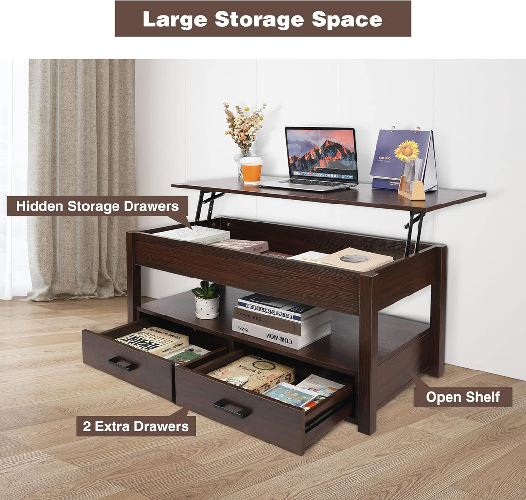 Lift Top Coffee Table w/ Storage, Drawers & Hidden Compartment, Espresso