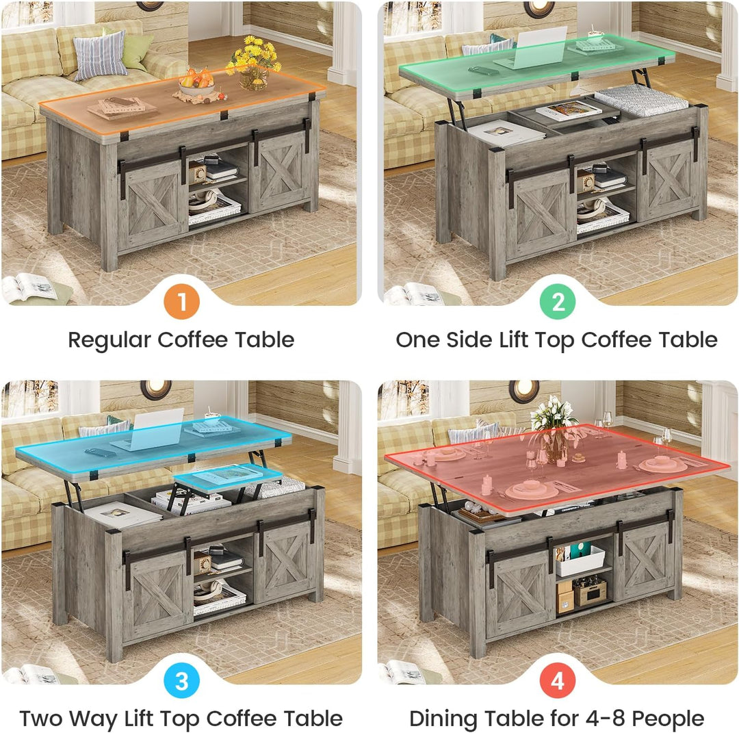 Lift Top Coffee Table, Convertible 4-in-1 Farmhouse, Grey