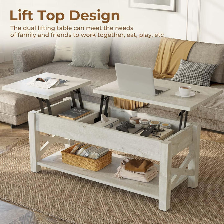 Farmhouse Coffee Table with Lift Top, Hidden Compartment, Grey