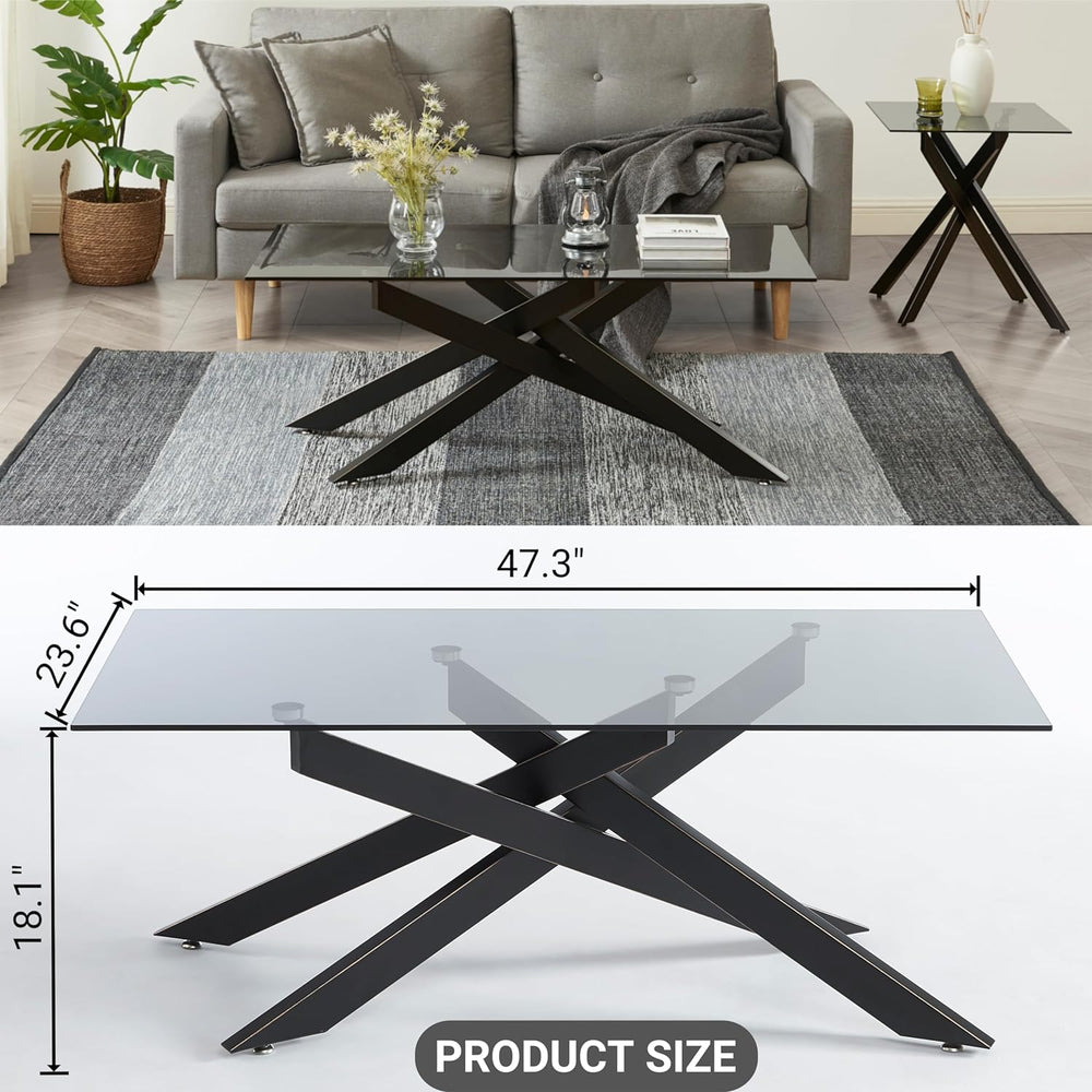 Rectangle Modern Coffee Table, Gray Tempered Glass Top, Black